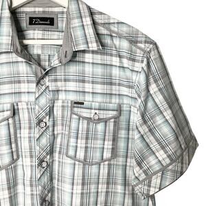 7 Diamonds Blue Gray White Plaid Short Sleeve Button Up Shirt XL